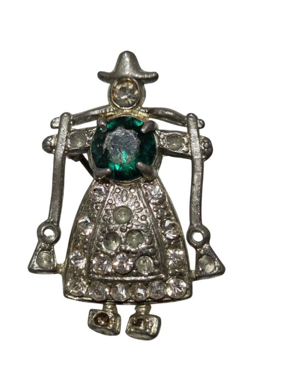 Vintage Dutch Girl Brooch Green Clear Gemstone Silver Tone Holland Yoke Folk Art